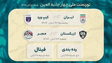 زمانبندی تورنمنت ملی چهارجانبه العین مشخص شد زمانبندی تورنمنت ملی چهارجانبه العین مشخص شد